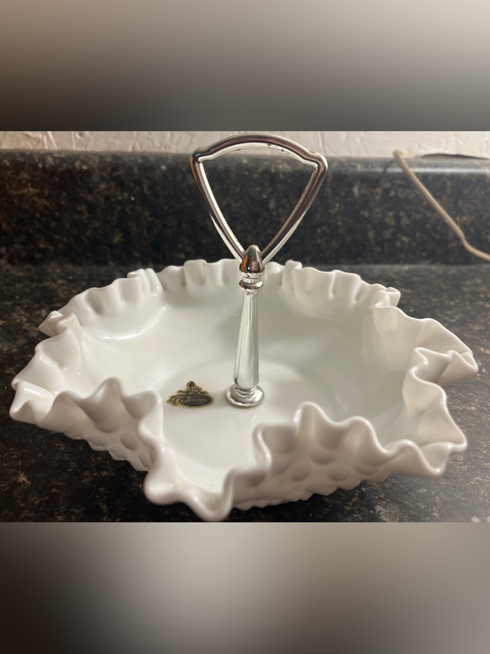 Fenton White Ceramic Ruffled Two-Tier Handle Dish